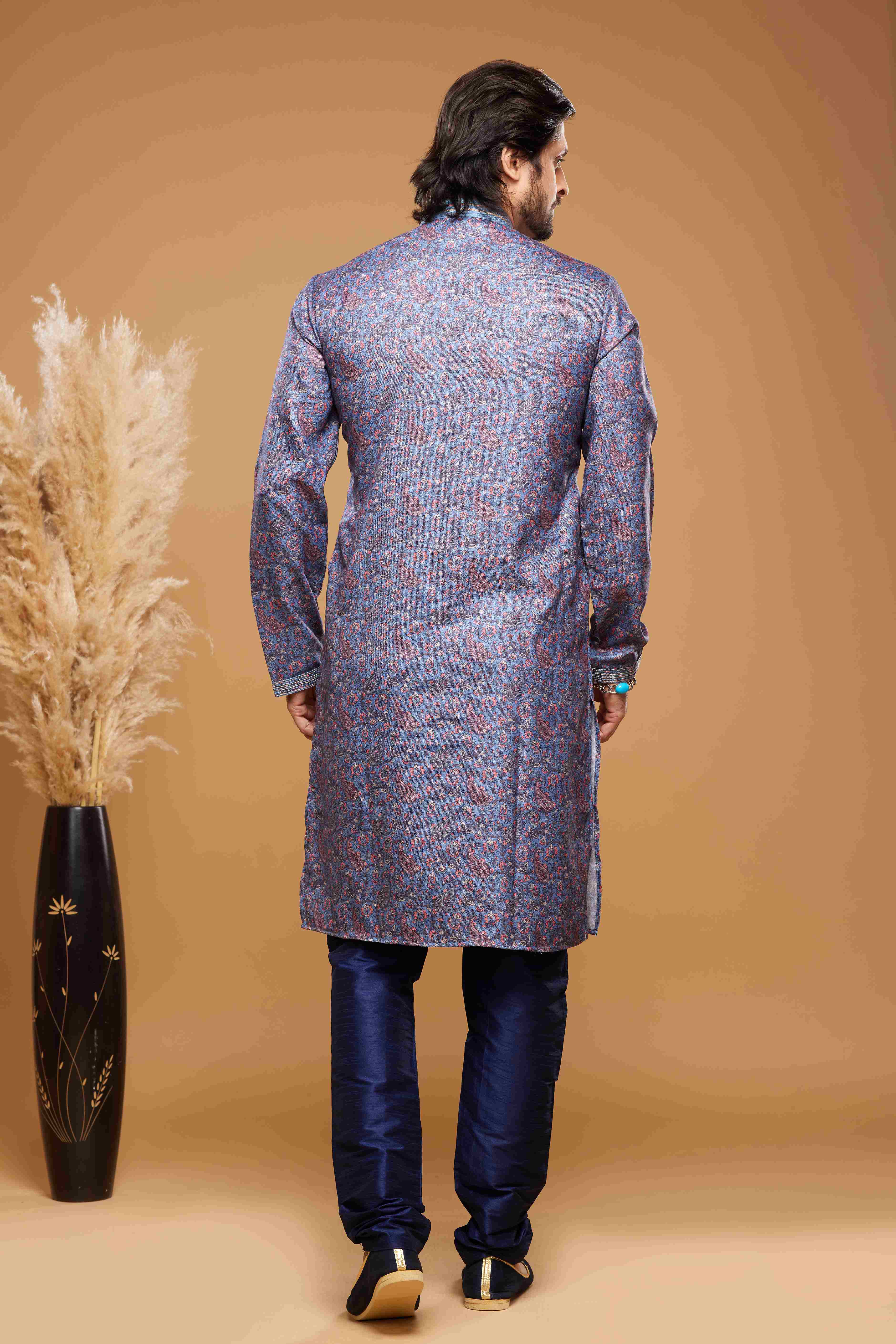 Raivat Ethnic Art Silk Digital Print Pintux Work Kurta Pajama In Blue Colour | Grocsy