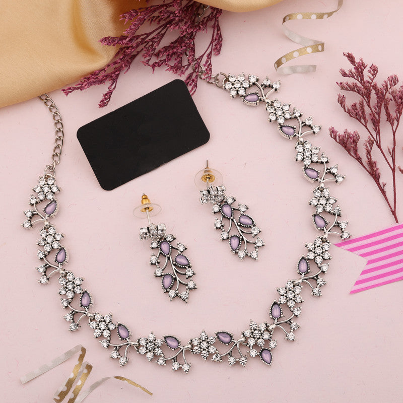 Tehzeeb Creations Silver Pleated White Diamond With Lavender Beads Necklace Set | Grocsy