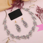 Tehzeeb Creations Silver Pleated White Diamond With Lavender Beads Necklace Set | Grocsy
