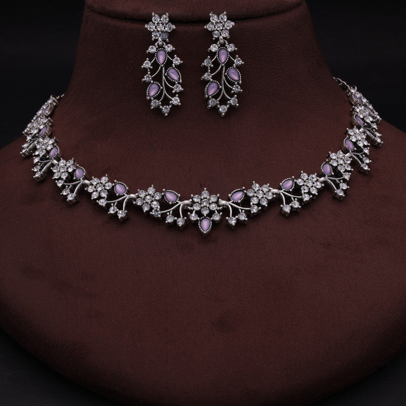 Tehzeeb Creations Silver Pleated White Diamond With Lavender Beads Necklace Set | Grocsy