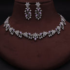 Tehzeeb Creations Silver Pleated White Diamond With Lavender Beads Necklace Set | Grocsy