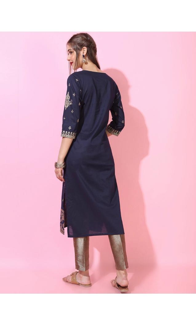 Maai Rayon Hand Printed Kurta Navy | Grocsy