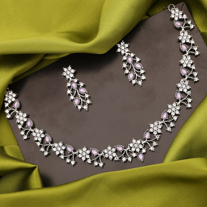 Tehzeeb Creations Silver Pleated White Diamond With Lavender Beads Necklace Set | Grocsy