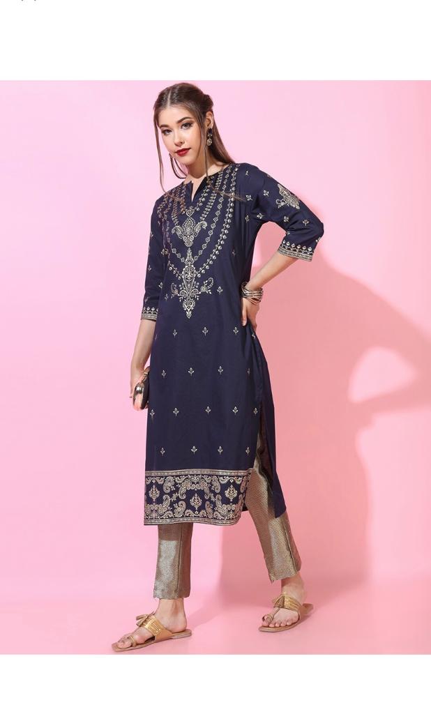 Maai Rayon Hand Printed Kurta Navy | Grocsy
