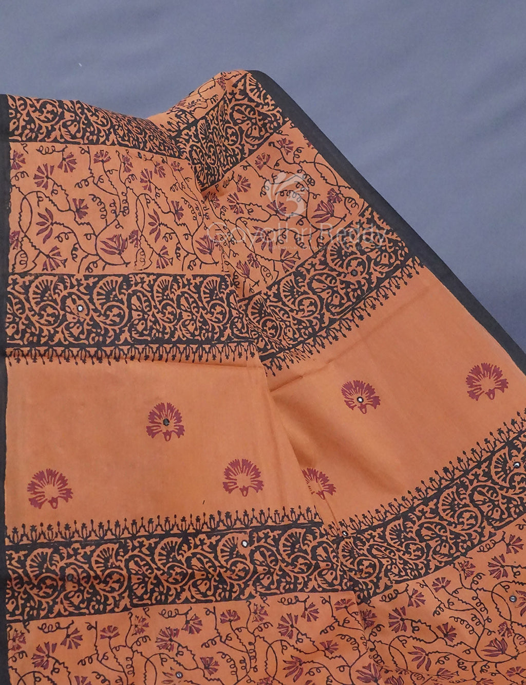 Dark Mustard Colour Block Print With Mirron Embroidered Pure Mulmul Cotton Saree By Gayathri Reddy Designer Studio | Grocsy