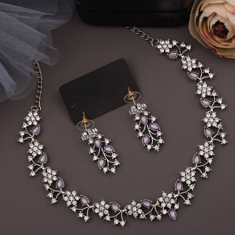 Tehzeeb Creations Silver Pleated White Diamond With Lavender Beads Necklace Set | Grocsy
