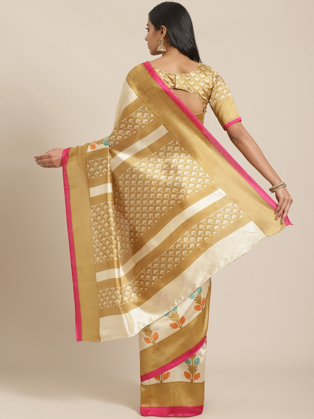 Saree Mall Beige & Pink Ethnic Motifs Print Saree | Grocsy