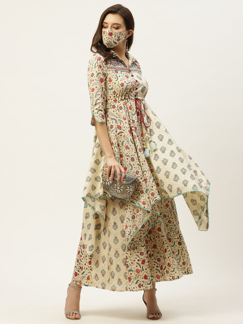 Juniper Women Beige Cambric Printed Asymmetric Dress | Grocsy