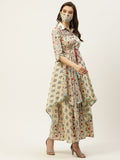Juniper Women Beige Cambric Printed Asymmetric Dress | Grocsy