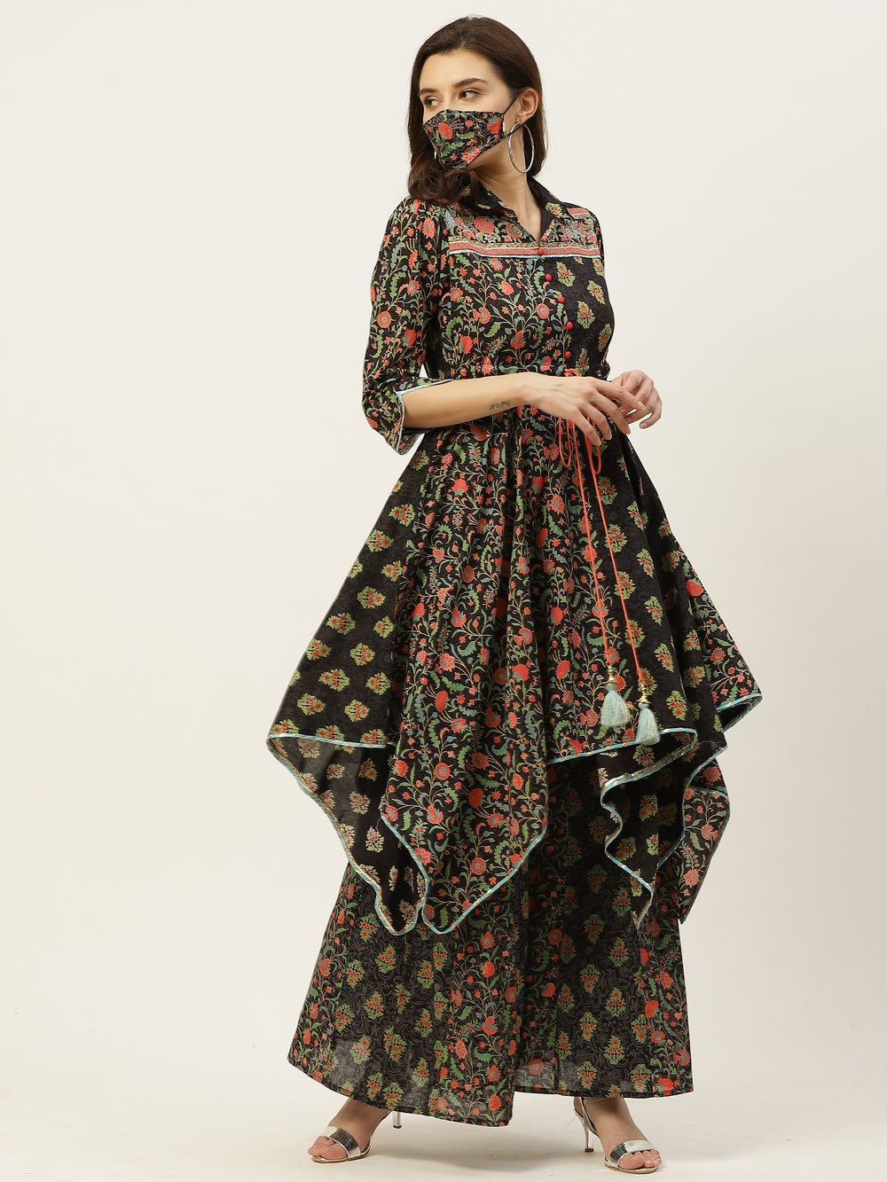 Juniper Women's Black Cambric Printed Asymmetric Clothing Set | Grocsy