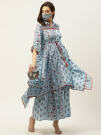 Juniper Women Blue Cambric Printed Asymmetric Clothing Set | Grocsy