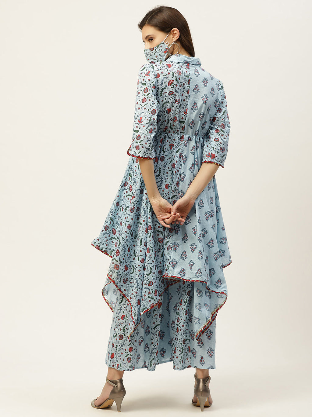 Juniper Women Blue Cambric Printed Asymmetric Clothing Set | Grocsy