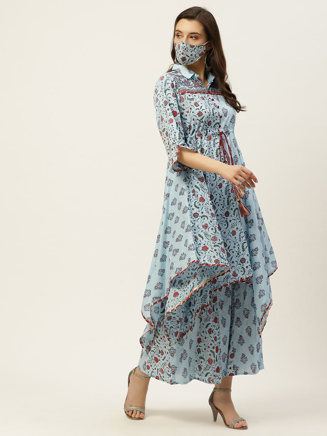 Juniper Women Blue Cambric Printed Asymmetric Clothing Set | Grocsy