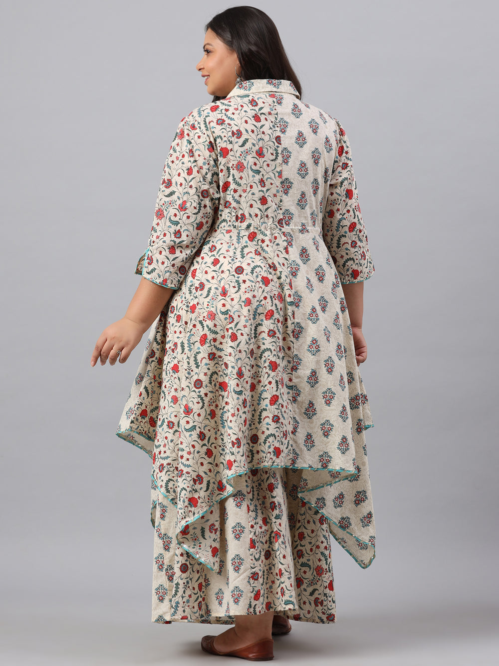 Juniper Women`s Beige Cambric Fusion Wear Printed Asymmetric Kurta Sets | Grocsy