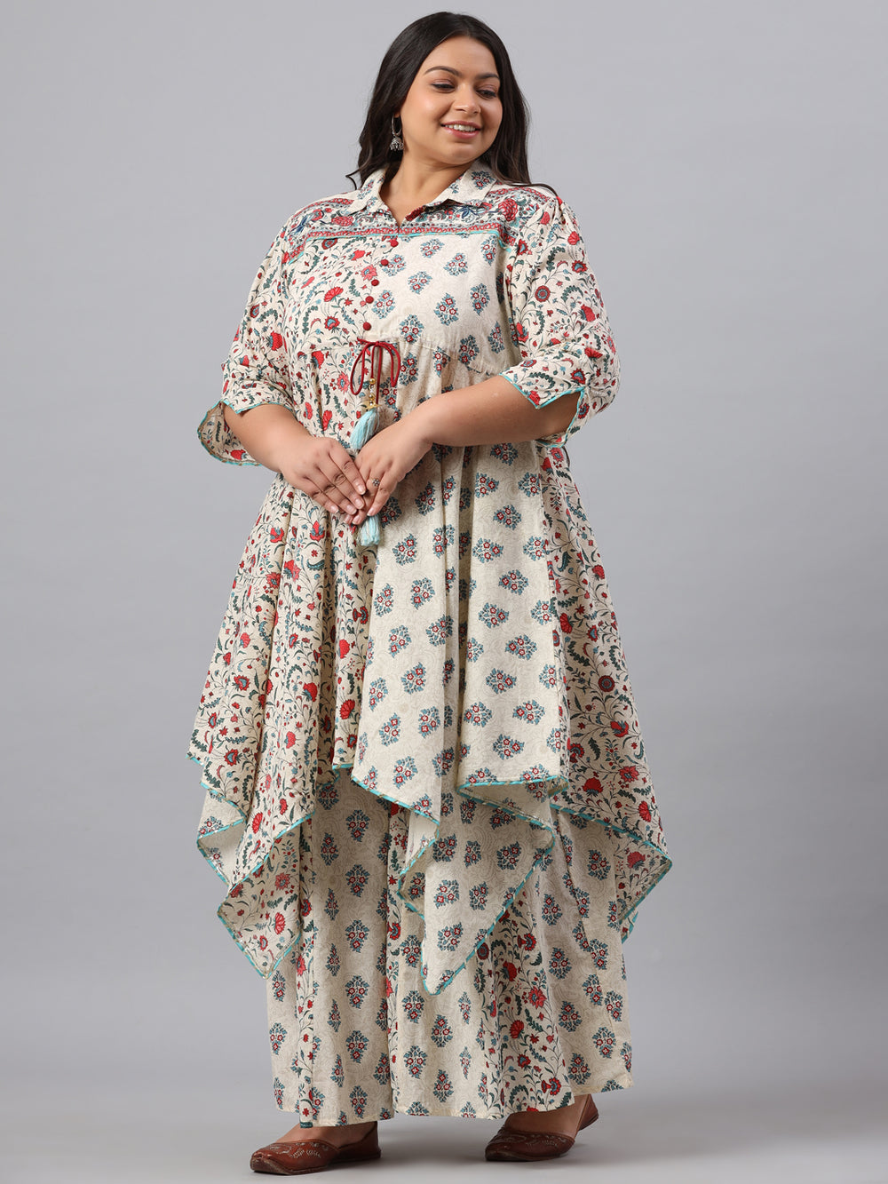Juniper Women`s Beige Cambric Fusion Wear Printed Asymmetric Kurta Sets | Grocsy