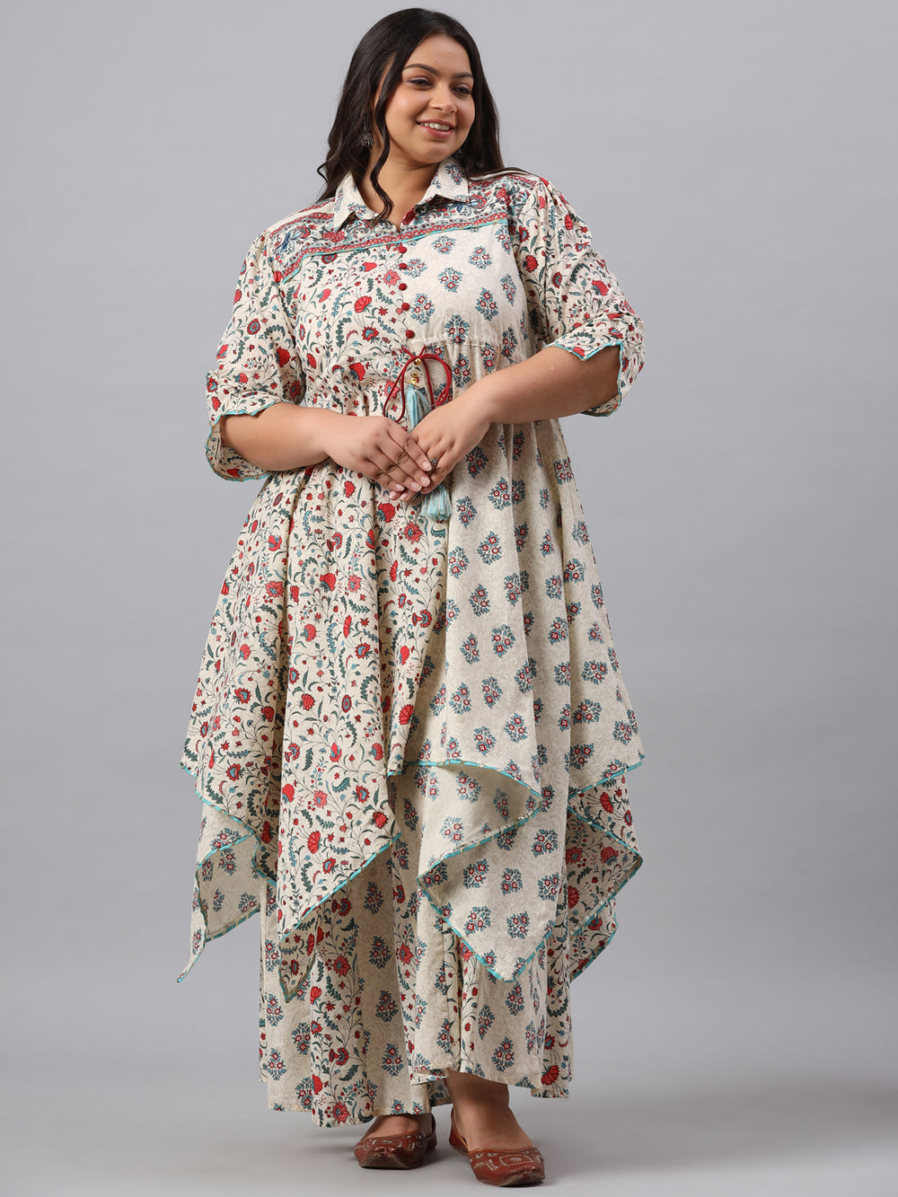Juniper Women`s Beige Cambric Fusion Wear Printed Asymmetric Kurta Sets | Grocsy