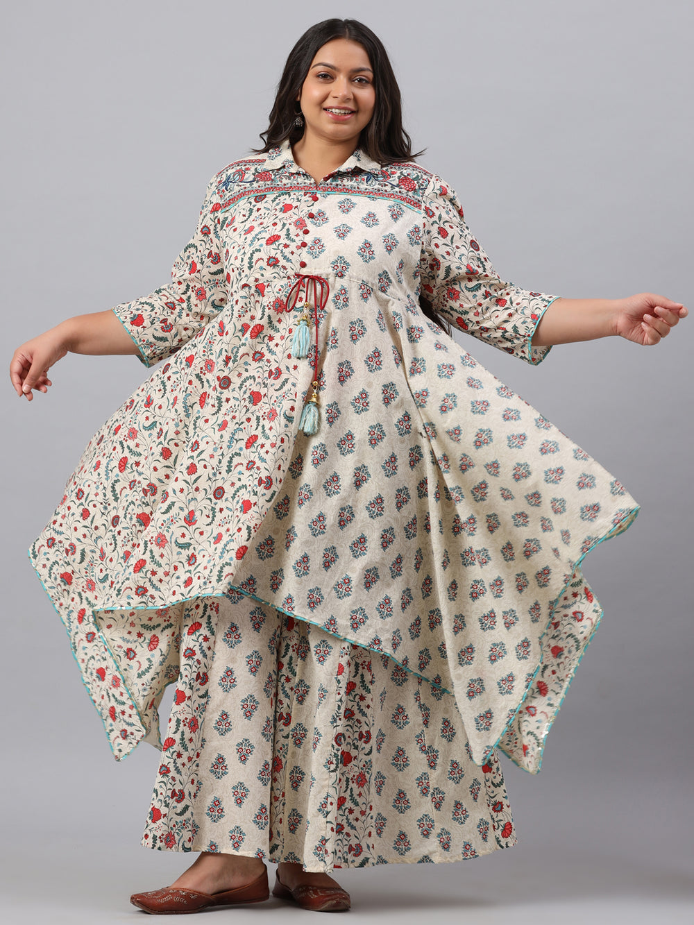 Juniper Women`s Beige Cambric Fusion Wear Printed Asymmetric Kurta Sets | Grocsy