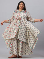 Juniper Women`s Beige Cambric Fusion Wear Printed Asymmetric Kurta Sets | Grocsy