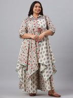 Juniper Women`s Beige Cambric Fusion Wear Printed Asymmetric Kurta Sets | Grocsy