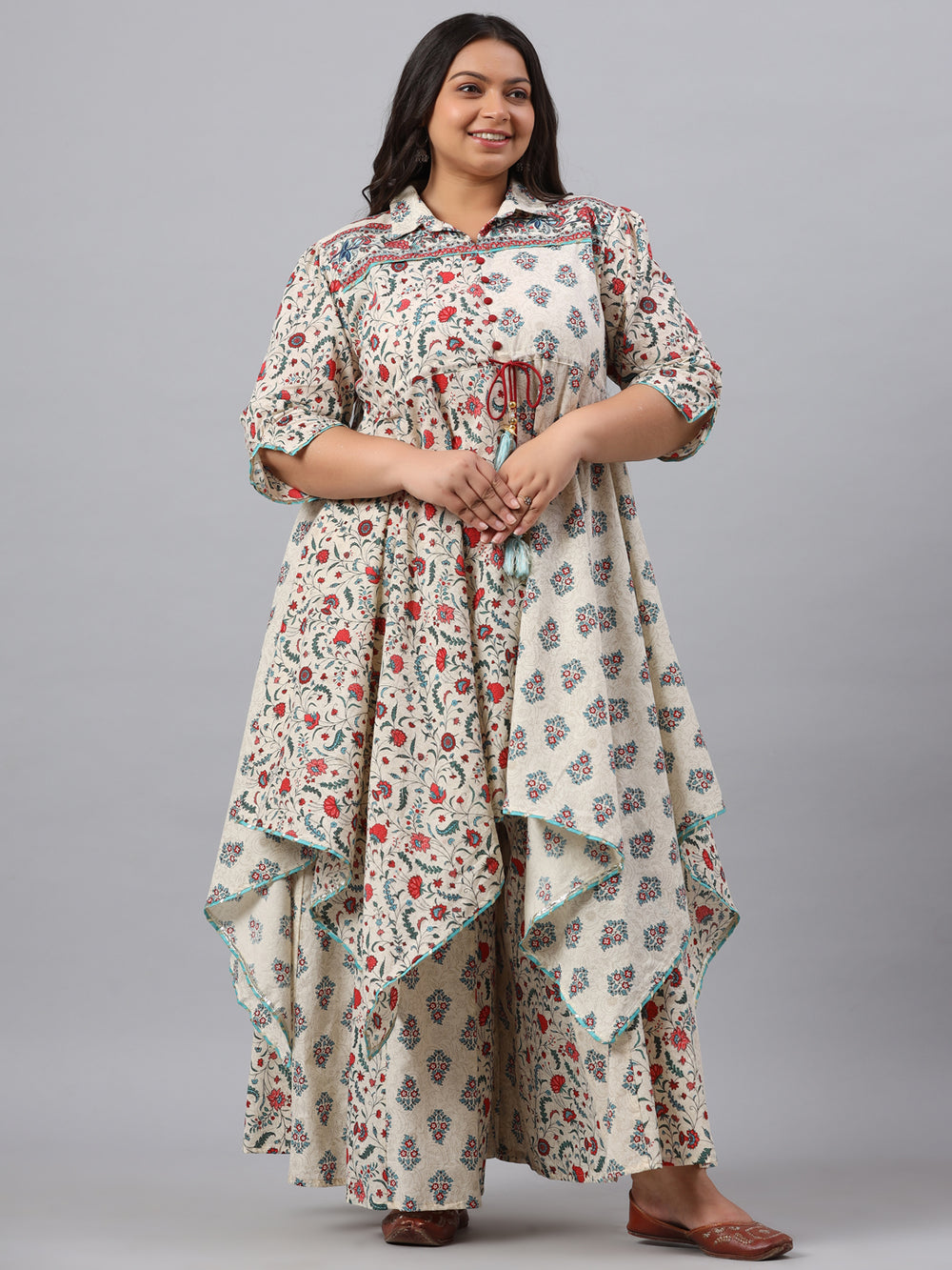 Juniper Women`s Beige Cambric Fusion Wear Printed Asymmetric Kurta Sets | Grocsy