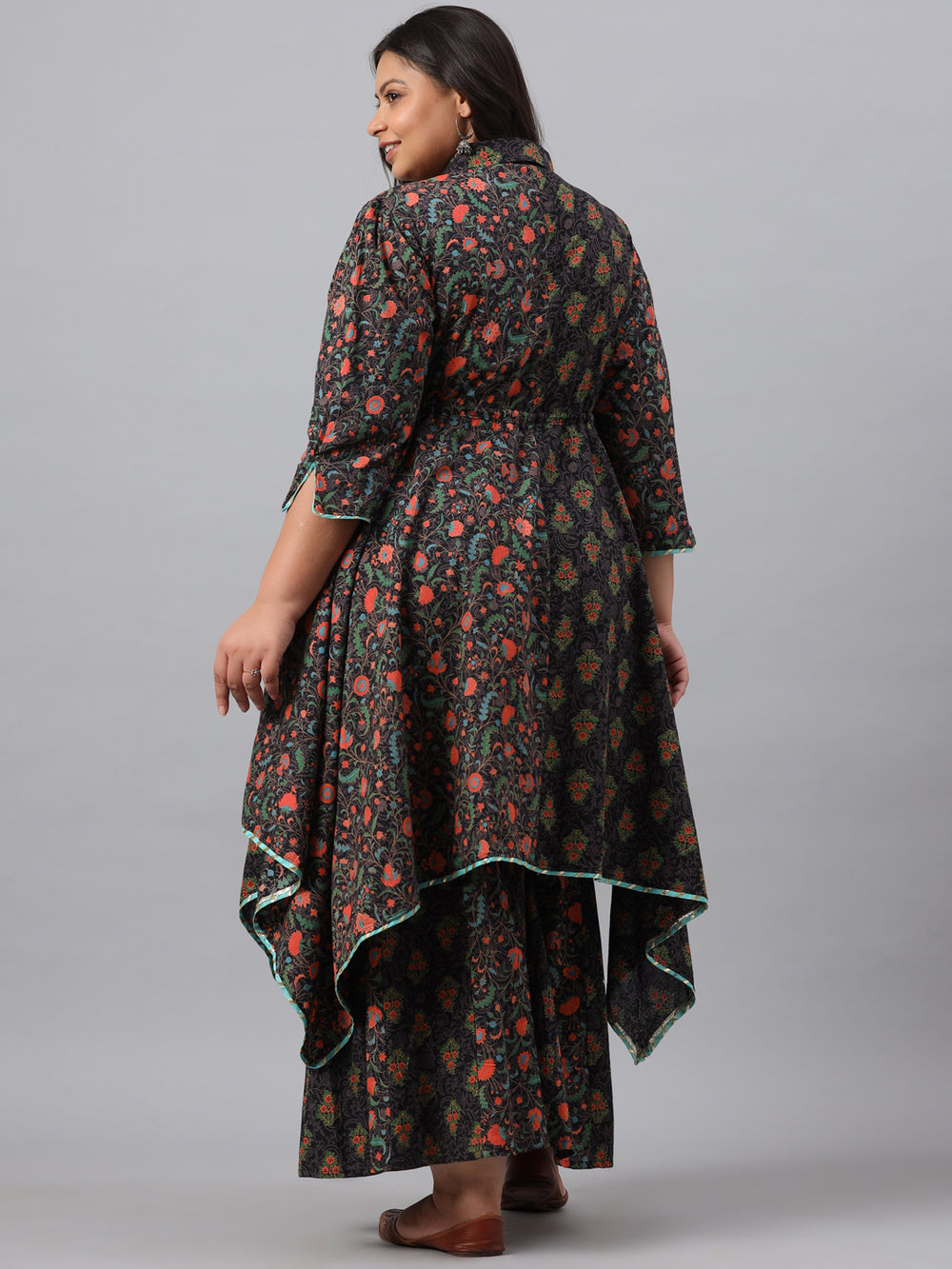 Juniper Women`s Black Cambric Festive Wear Printed Asymmetric Clothing Set | Grocsy