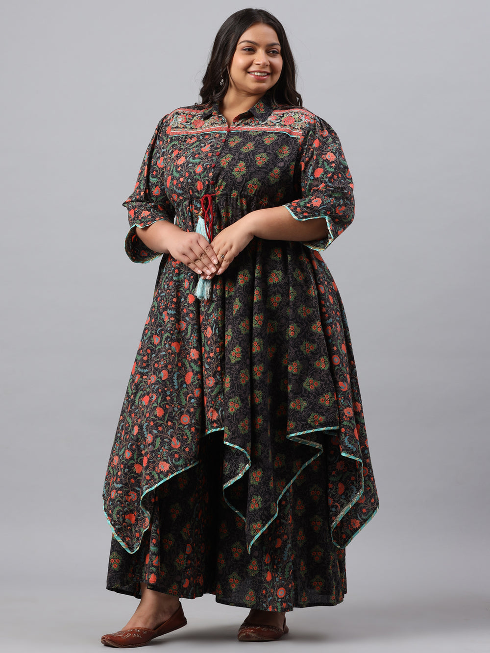 Juniper Women`s Black Cambric Festive Wear Printed Asymmetric Clothing Set | Grocsy