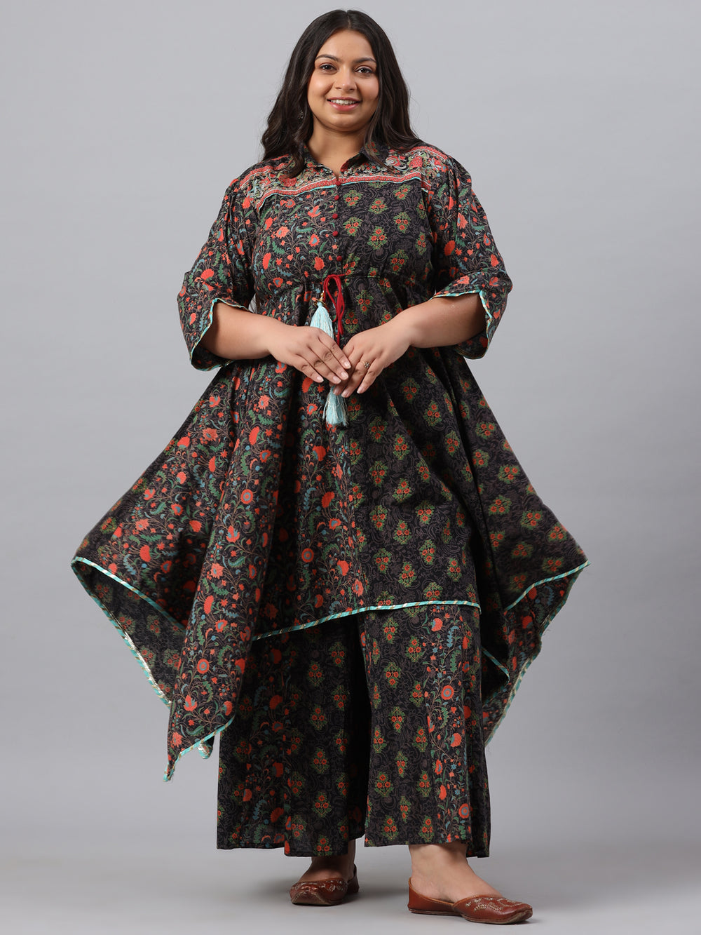 Juniper Women`s Black Cambric Festive Wear Printed Asymmetric Clothing Set | Grocsy