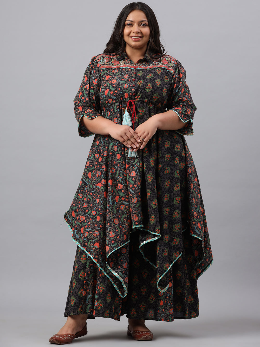 Juniper Women`s Black Cambric Festive Wear Printed Asymmetric Clothing Set | Grocsy