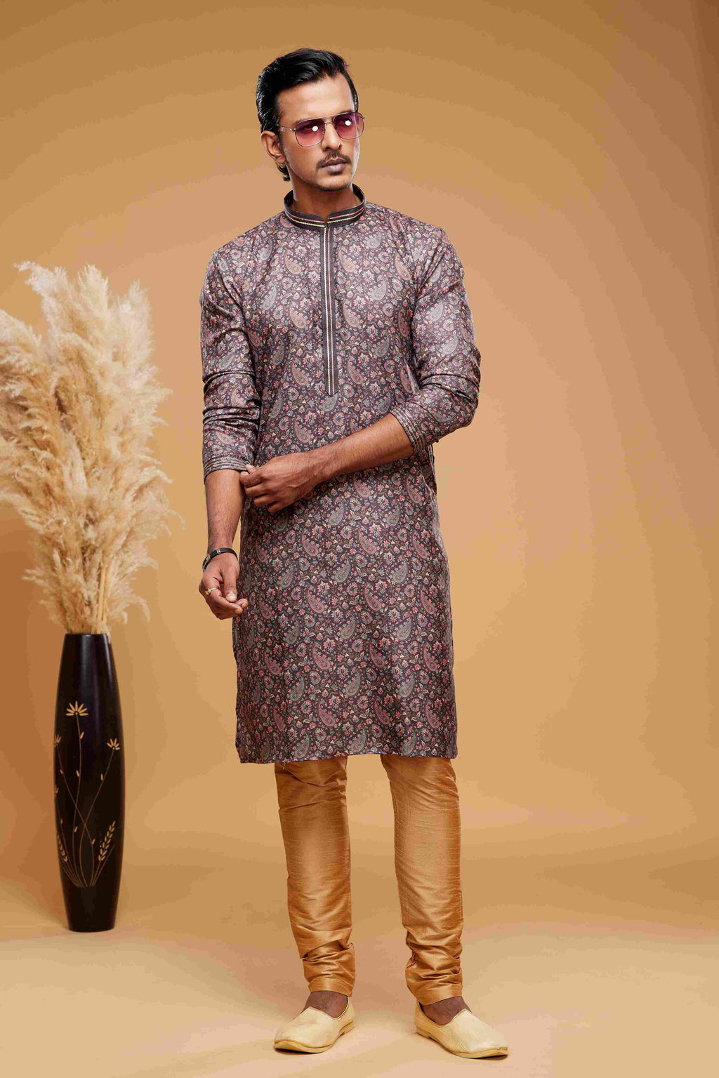 Raivat Ethnic Art Silk Digital Print Pintux Work Kurta Pajama In Brown Colour | Grocsy