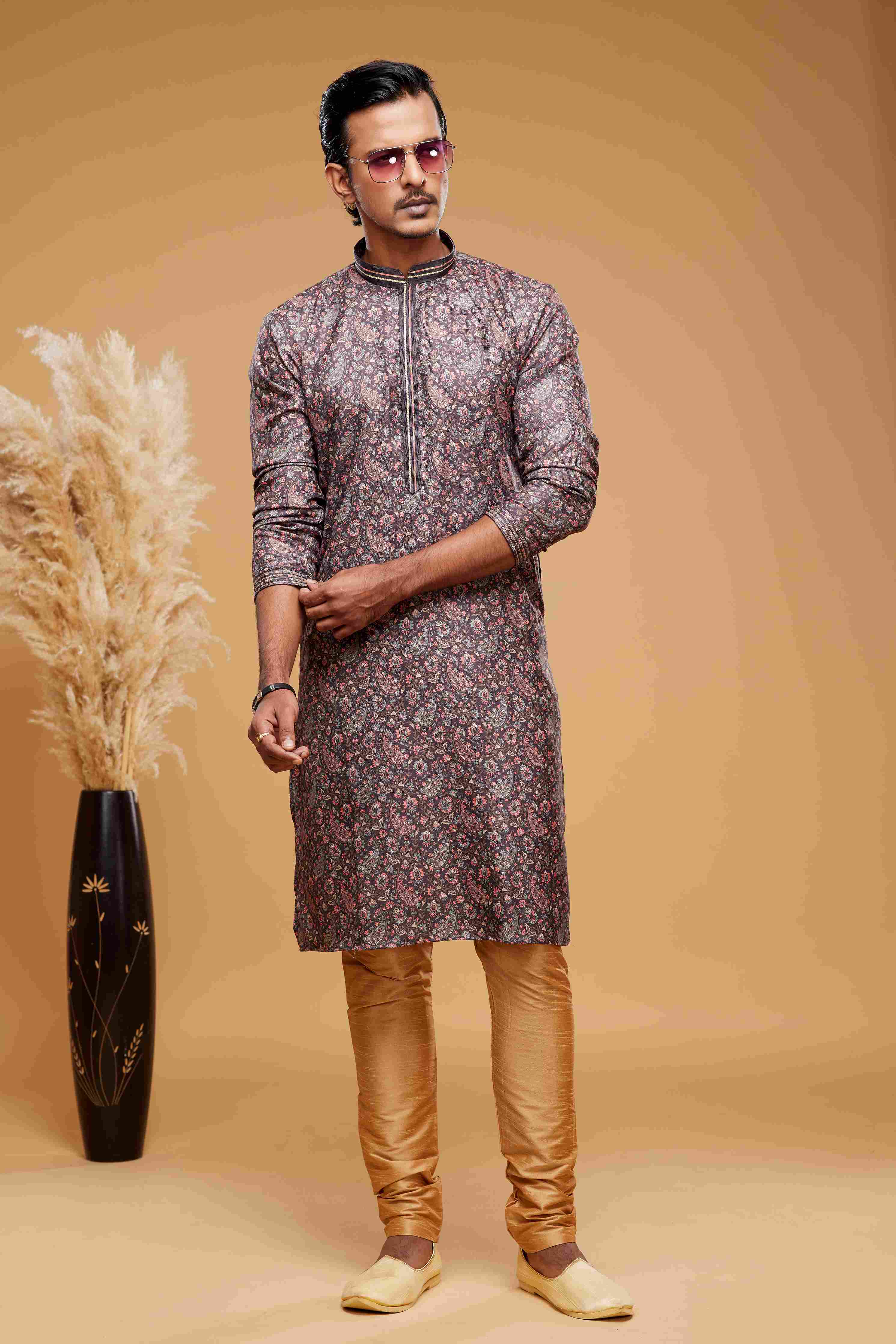 Raivat Ethnic Art Silk Digital Print Pintux Work Kurta Pajama In Brown Colour | Grocsy
