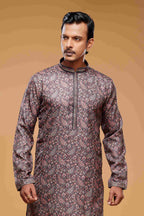Raivat Ethnic Art Silk Digital Print Pintux Work Kurta Pajama In Brown Colour | Grocsy