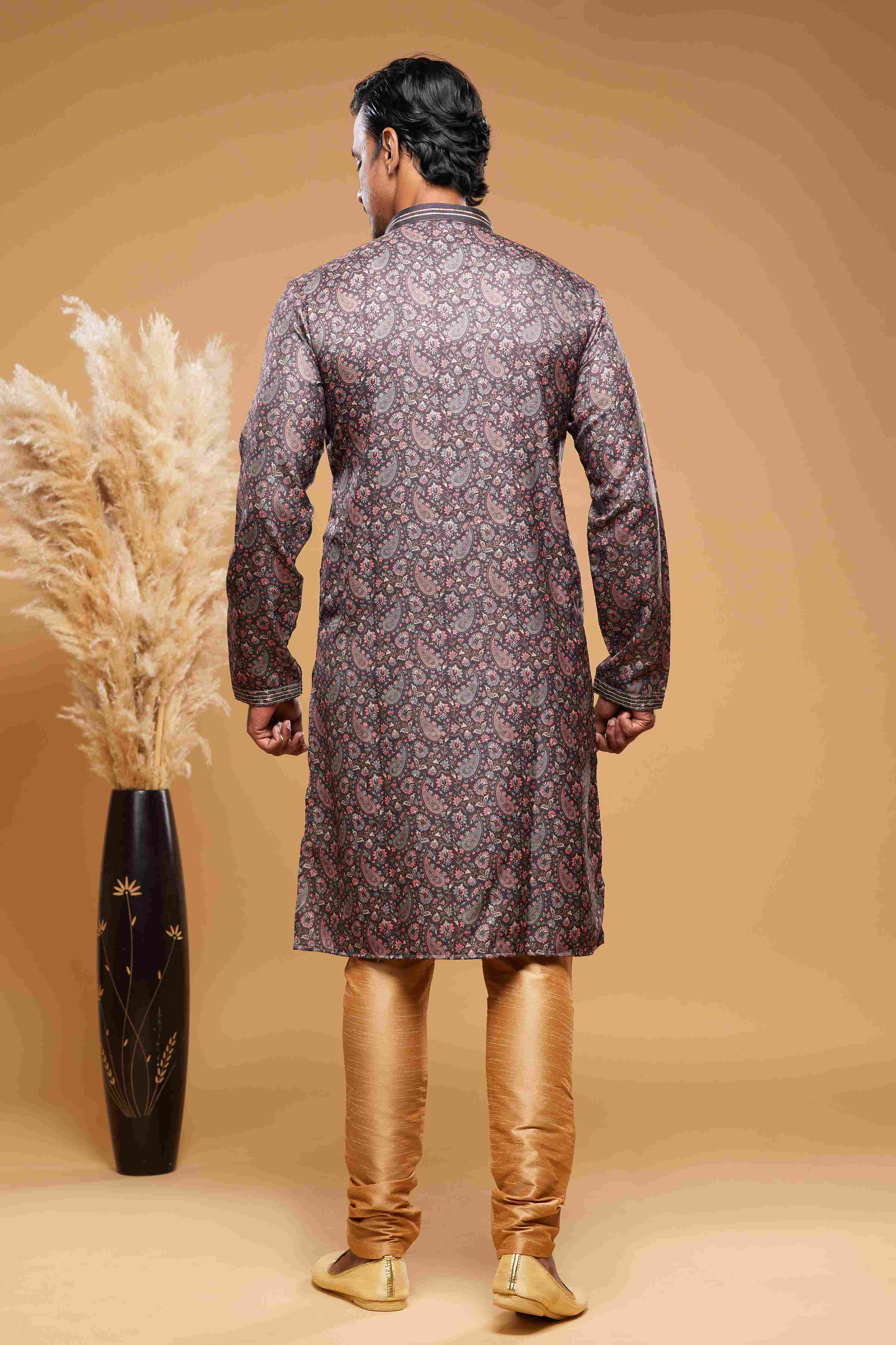 Raivat Ethnic Art Silk Digital Print Pintux Work Kurta Pajama In Brown Colour | Grocsy