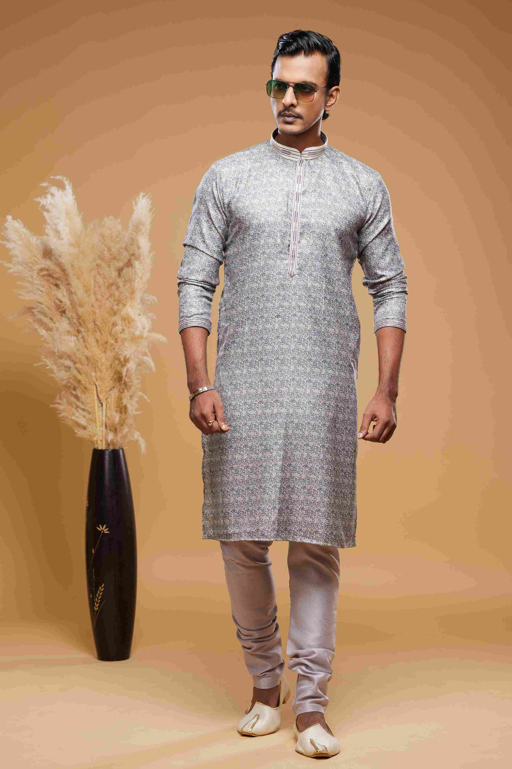 Raivat Ethnic Art Silk Digital Print Pintux Work Kurta Pajama In Purple Grey Colour | Grocsy