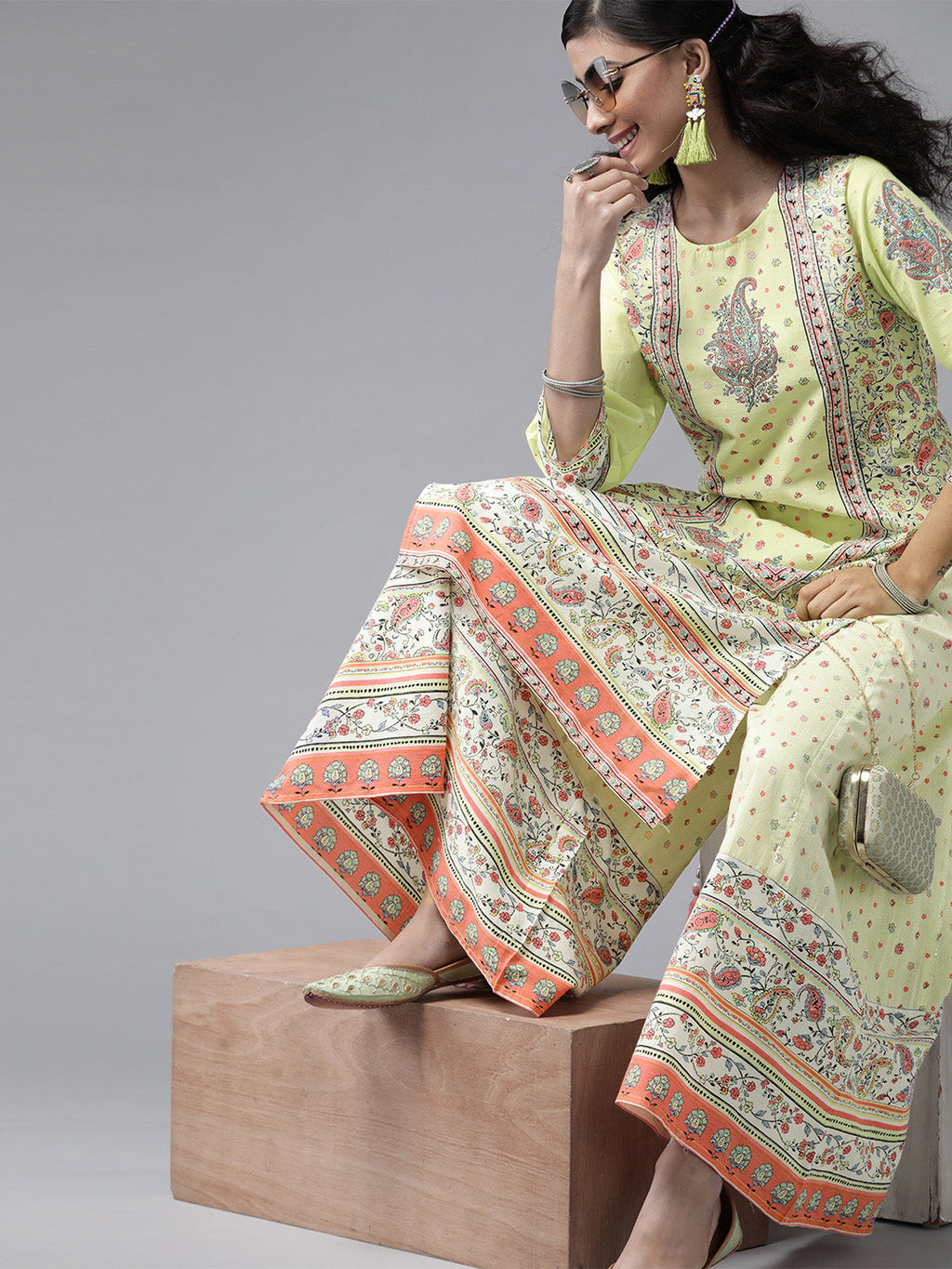 Juniper Women Limegreen Cambric Printed Straight Kurta Sets | Grocsy