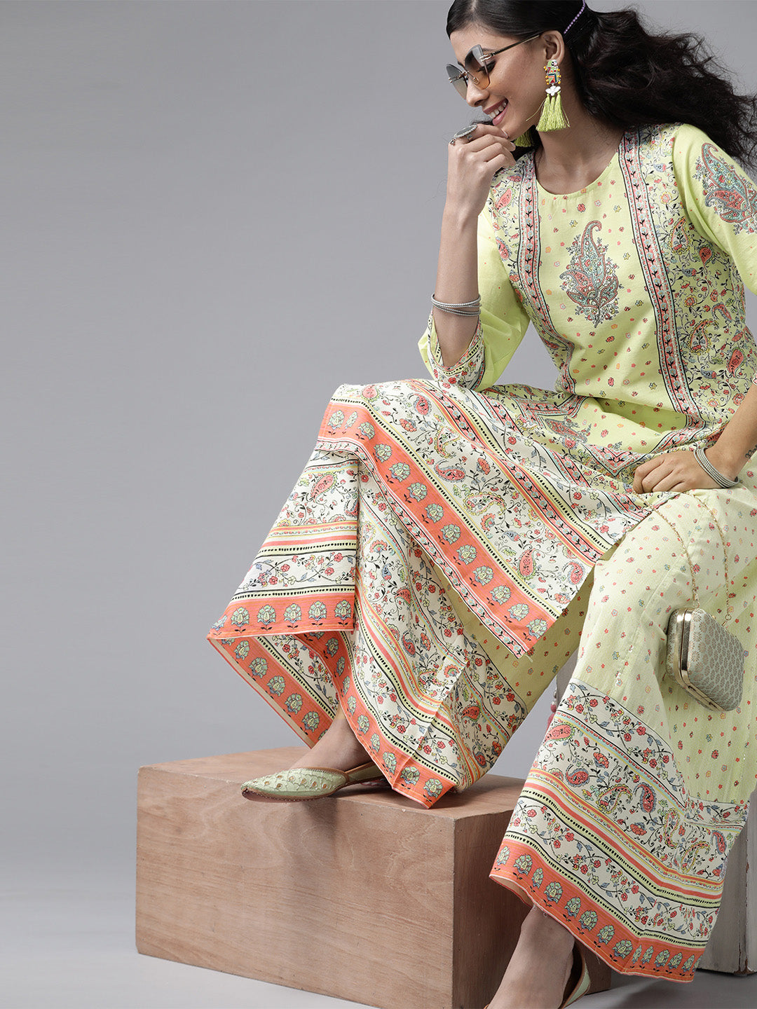 Juniper Women Limegreen Cambric Printed Straight Kurta Sets | Grocsy