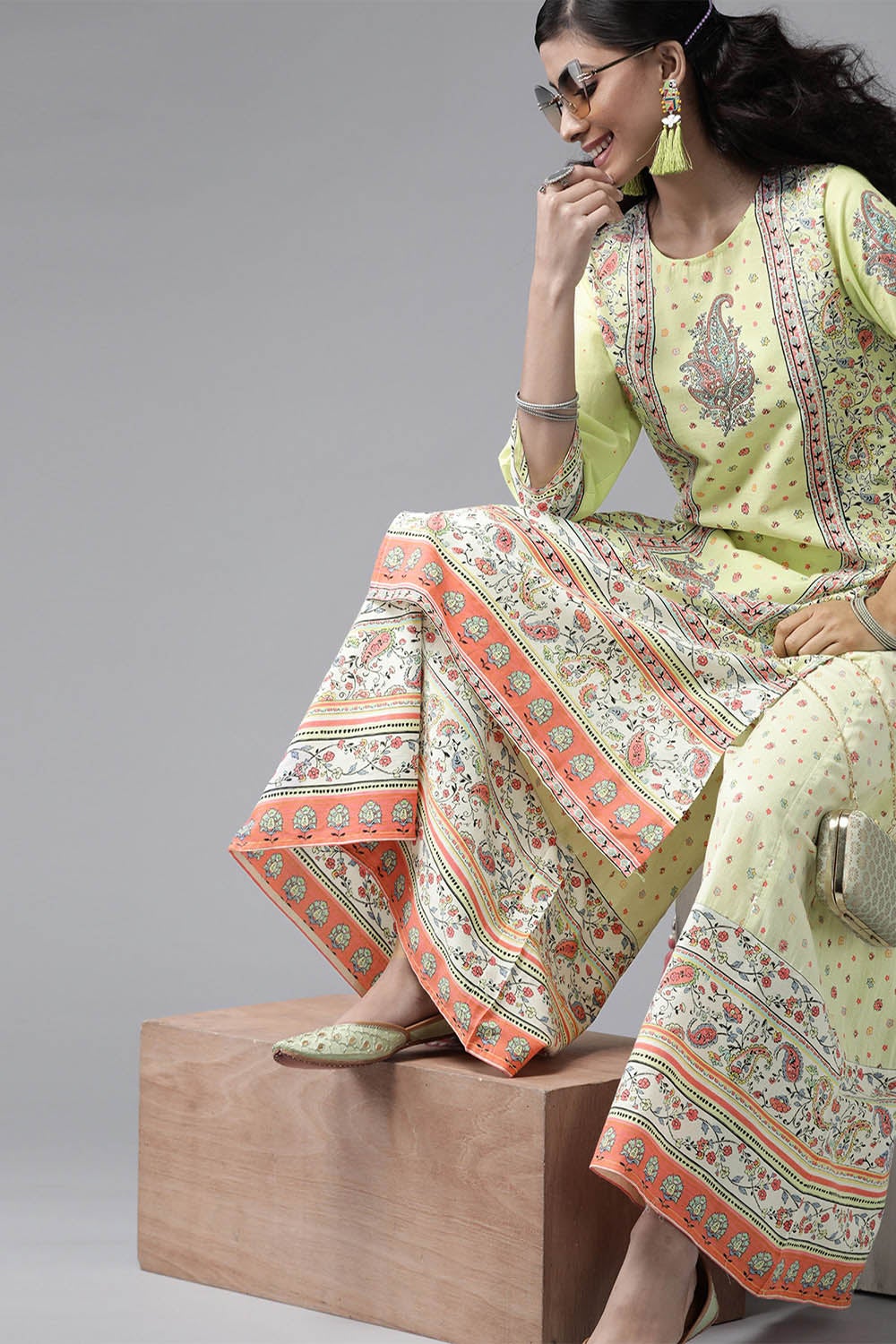 Juniper Women's Limegreen Cambric Printed Straight Kurta Sets | Grocsy
