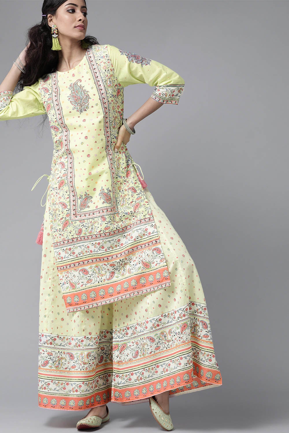 Juniper Women's Limegreen Cambric Printed Straight Kurta Sets | Grocsy