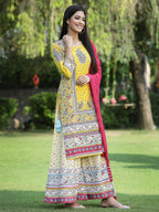 Juniper Women's Yellow Cambric Printed Straight Kurta Sets | Grocsy