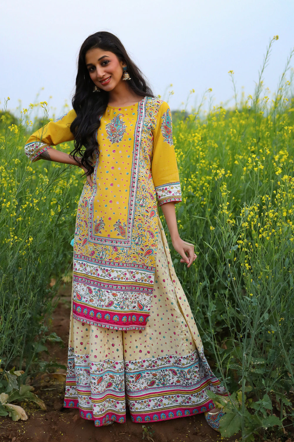Juniper Women's Yellow Cambric Printed Straight Kurta Sets | Grocsy