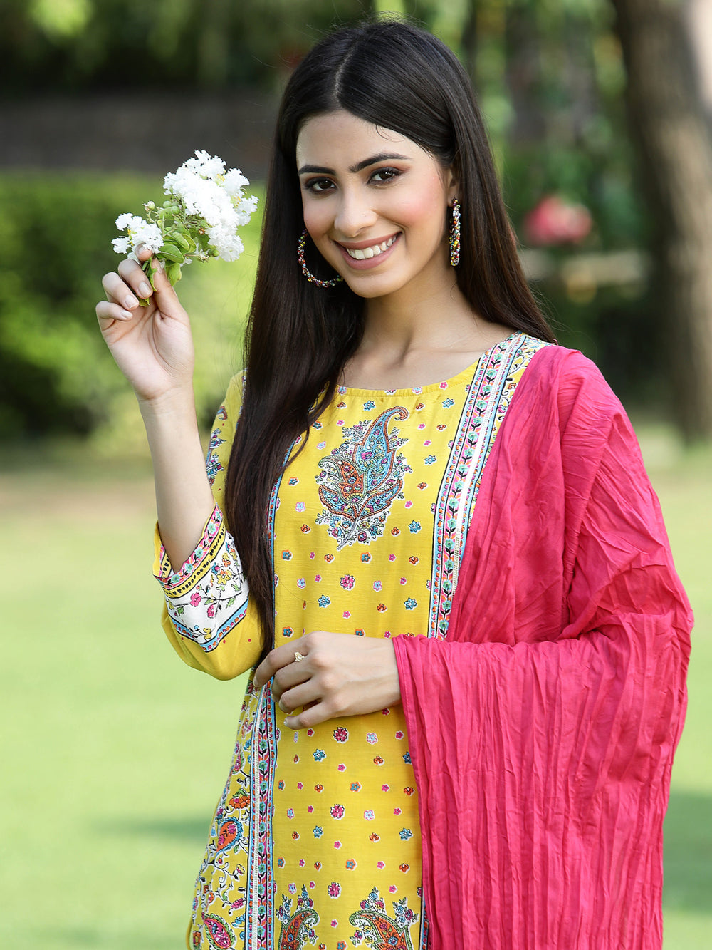 Juniper Women's Yellow Cambric Printed Straight Kurta Sets | Grocsy