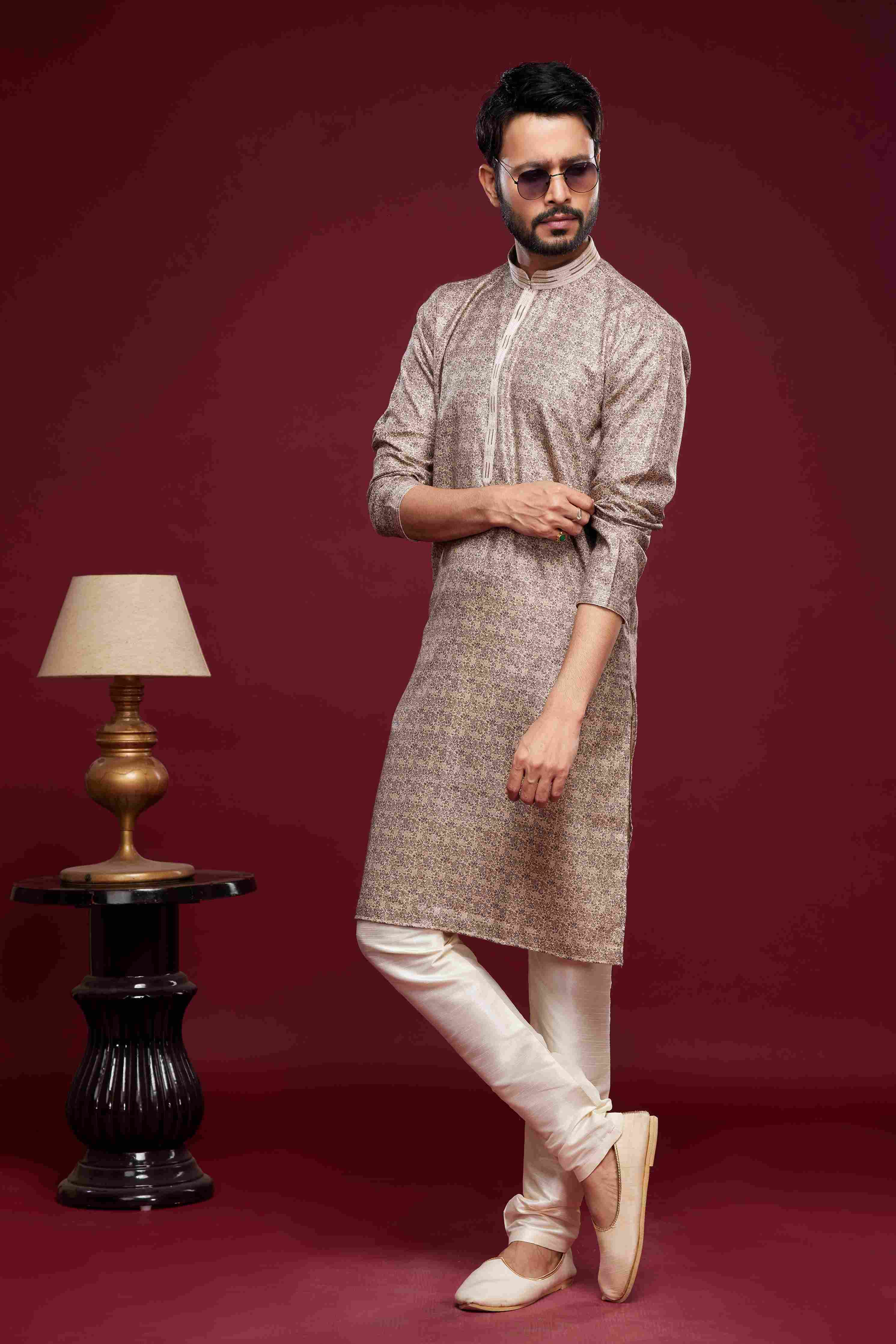 Raivat Ethnic Art Silk Digital Print Pintux Work Kurta Pajama In Brown Colour | Grocsy