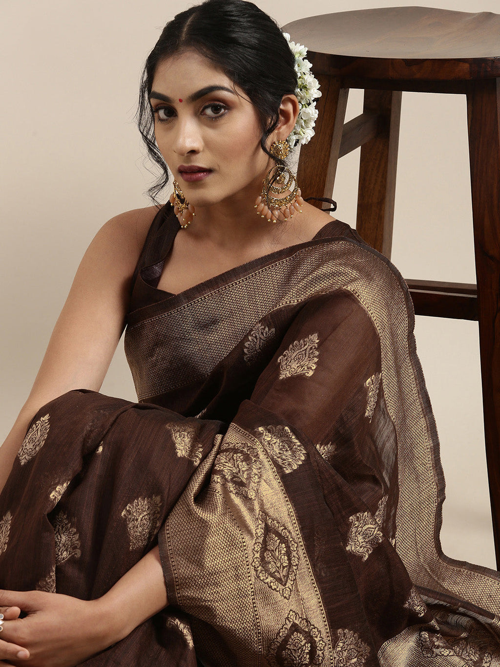 Saree Mall Brown Ethnic Motifs Linen Blend Banarasi Saree | Grocsy