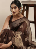 Saree Mall Brown Ethnic Motifs Linen Blend Banarasi Saree | Grocsy