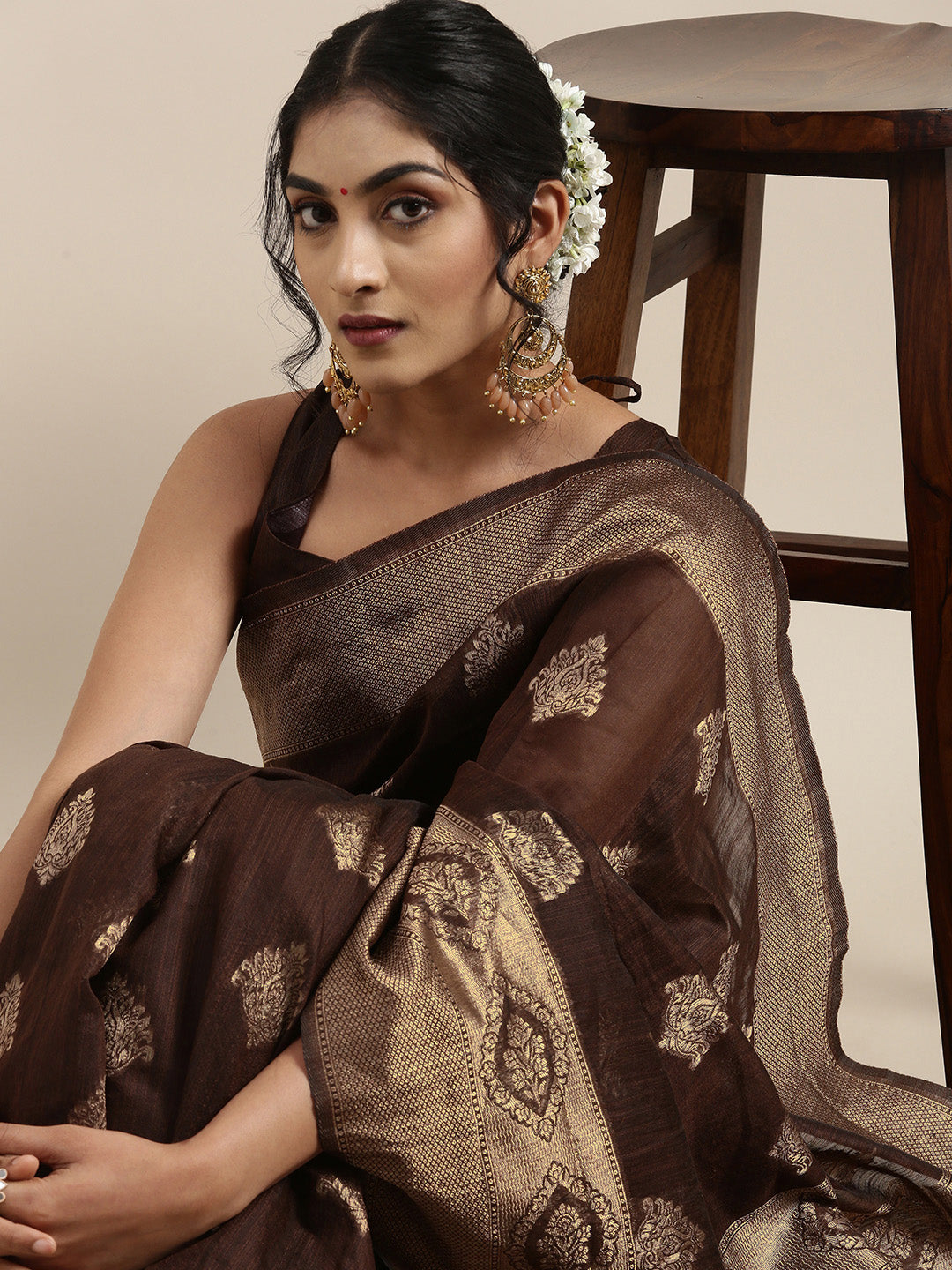 Saree Mall Brown Ethnic Motifs Linen Blend Banarasi Saree | Grocsy