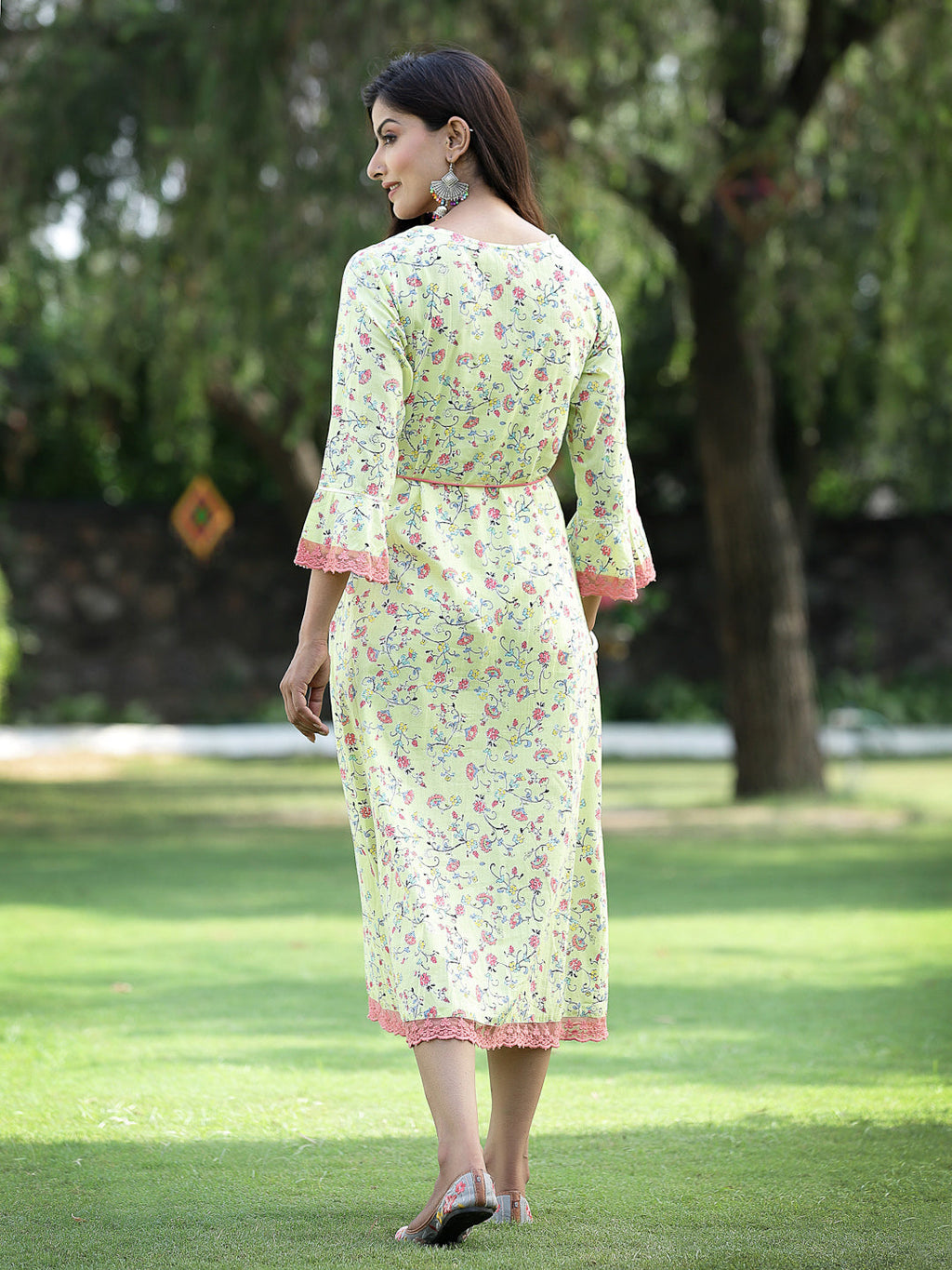 Juniper Womens Lime Green Multi Rayon Slub Double Layer Printed Kurta | Grocsy