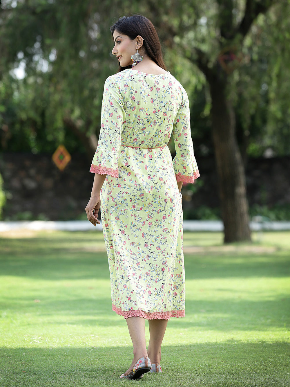 Juniper Women's Limegreen Cambric Embroidered & Printed Jacket Style Kurta | Grocsy