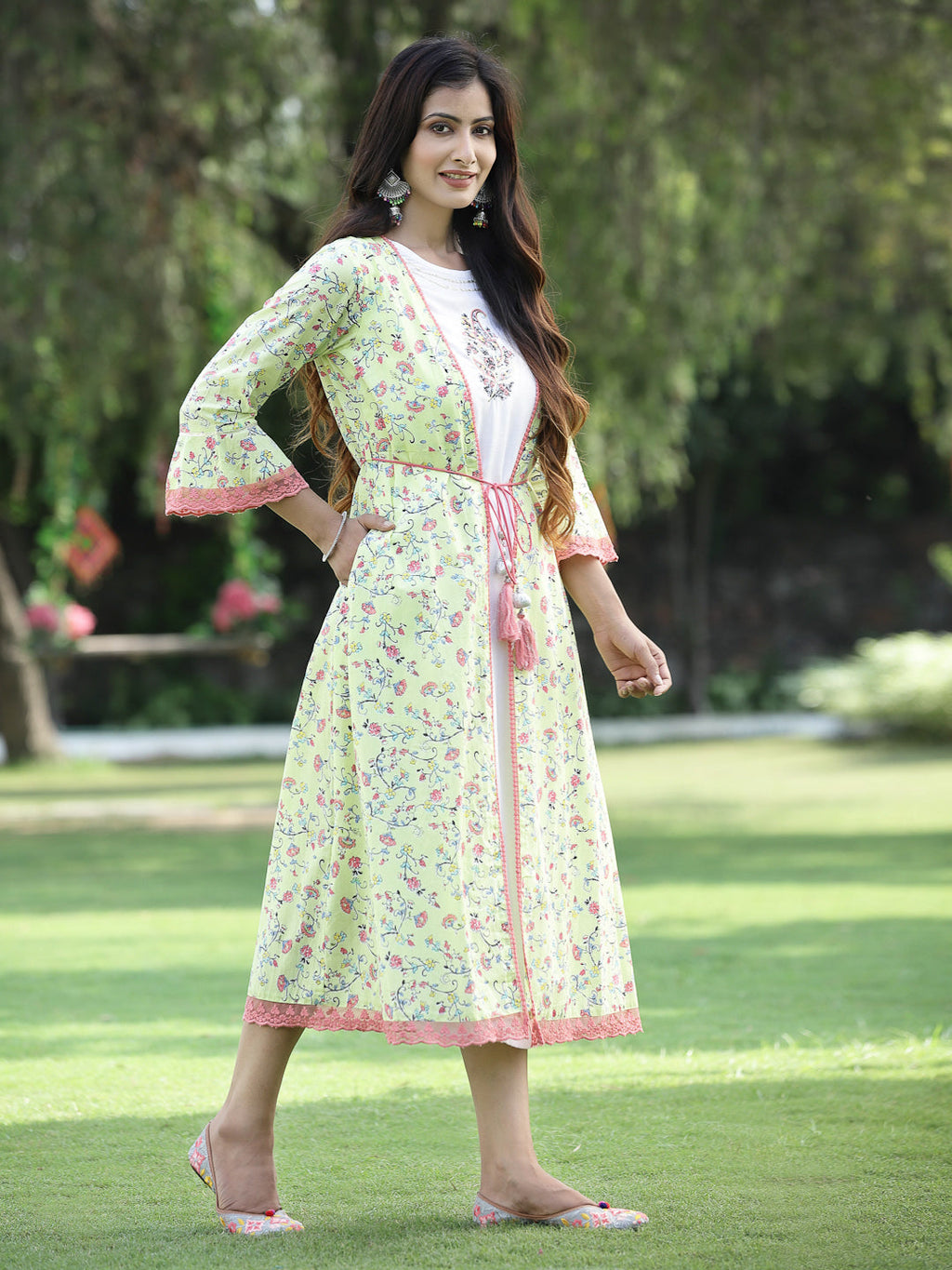 Juniper Womens Lime Green Multi Rayon Slub Double Layer Printed Kurta | Grocsy