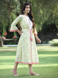 Juniper Women's Limegreen Cambric Embroidered & Printed Jacket Style Kurta | Grocsy