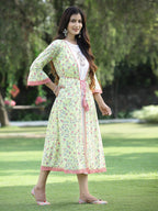 Juniper Women's Limegreen Cambric Embroidered & Printed Jacket Style Kurta | Grocsy