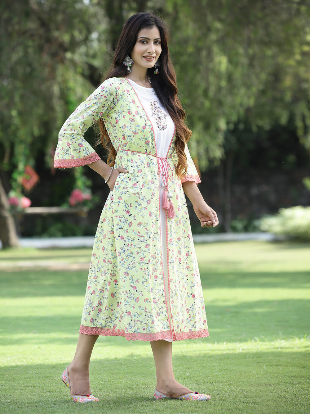 Juniper Women's Limegreen Cambric Embroidered & Printed Jacket Style Kurta | Grocsy